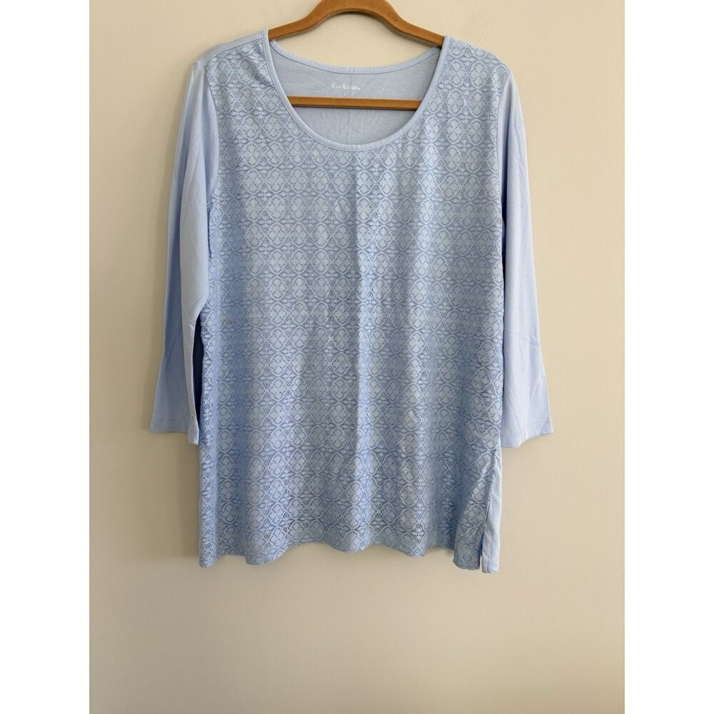 Kim Rogers Top Womens Size Large Blue 3/4 Sleeve Cotton Knit Lace Front - Picture 1 of 6